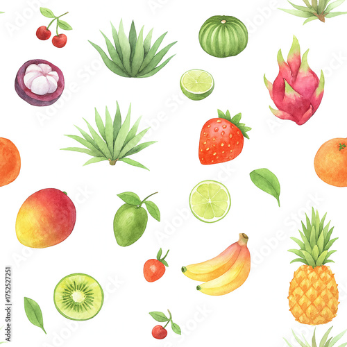 Seamless Watercolor Pattern of Tropical Fruits on White Background