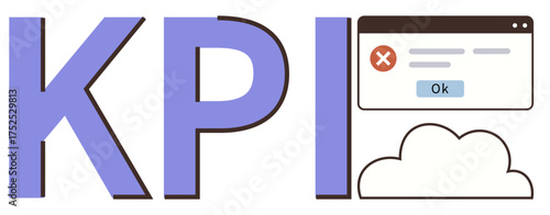 Large KPI text, error notification pop-up window design, cloud symbol. Ideal for business goals, analytics, problem-solving, monitoring, data analysis troubleshooting strategy. Simple flat metaphor