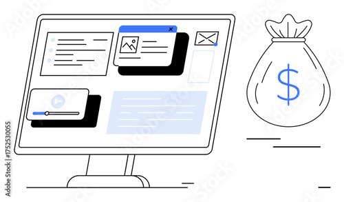 Computer monitor displaying multimedia content, email, text, image, and video. Money bag with dollar sign. Ideal for online income, e-commerce, marketing education freelancing entrepreneurship