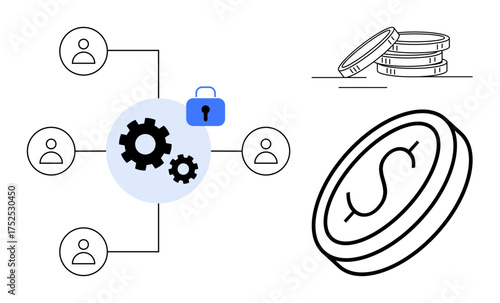 Connection network with gears, lock, and users, emphasizing security and collaboration. Coins highlight financial transactions. Ideal for technology, cryptocurrency, finance, security teamwork
