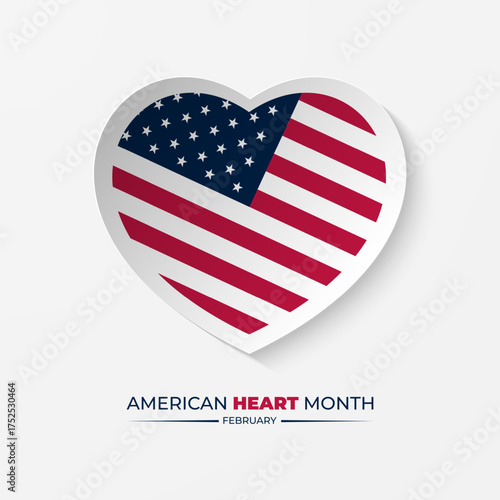 National American Heart Month with American flag heart element over gradient white to light grey background. 