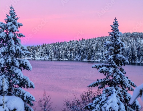 Winter landscape with snowy pine trees, frozen lake, and pink sunset sky in serene mountain scenery