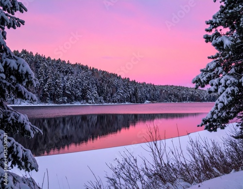 Winter landscape with snowy pine trees, frozen lake, and pink sunset sky in serene mountain scenery