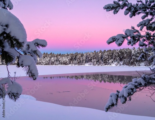 Winter landscape with snowy pine trees, frozen lake, and pink sunset sky in serene mountain scenery
