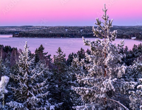 Winter landscape with snowy pine trees, frozen lake, and pink sunset sky in serene mountain scenery