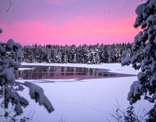 Winter landscape with snowy pine trees, frozen lake, and pink sunset sky in serene mountain scenery