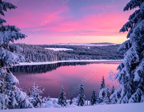 Winter landscape with snowy pine trees, frozen lake, and pink sunset sky in serene mountain scenery