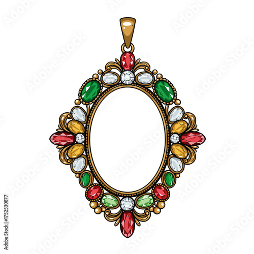 Ornate Gemstone Pendant with Intricate Gold Detailing and Colorful Jewels.