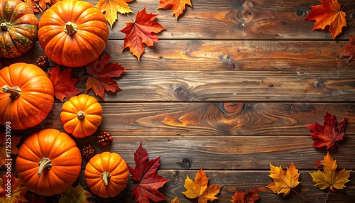 A vibrant display of pumpkins and colorful maple leaves creates a festive fall border on a rustic wooden tabletop background