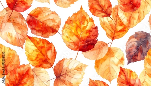 Watercolor seamless pattern of autumn fall leaves in warm earthy tones. A beautiful seasonal background illustration with orange and yellow foliage