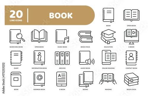 Set of collection line icons related book, archive, reading. Editable stroke. Perfect pixel on transparent background