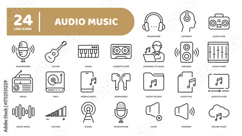 Set of collection line icons related music, audio, media player. Editable stroke. Perfect pixel on transparent background