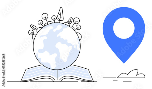 Earth growing with nature above an open book next to a blue location marker and cloud. Ideal for education, sustainability, travel, knowledge sharing, environmental awareness, geography, global