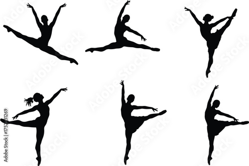 Ballet dancer silhouettes, classical leaps and arabesque poses, dance performance illustration, graceful movement, artistic choreography, expressive ballet art, stage performance