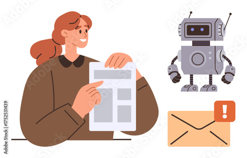Woman holding and examining a document, friendly robot standing nearby with highlighted alert envelope. Ideal for artificial intelligence, automation, technology, notifications, communication