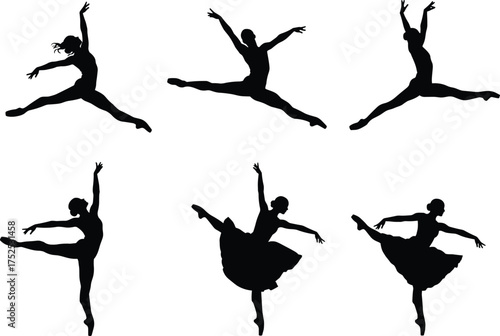 Ballet dancer silhouettes, grand jeté leaps and elegant poses, dance performance illustration, graceful movement, artistic choreography, classical ballet art, stage performance
