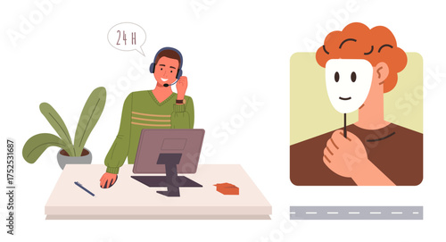Customer service representative answering a call at a desk. Person holding a mask symbolizing deception. Ideal for fraud prevention, online identity, customer support, business integrity, awareness