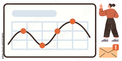 Line graph with data points, grid chart, person analyzing insights, email notification. Ideal for data analytics, strategy, success planning, business growth, report communication simple flat
