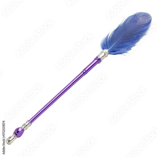Blue feather cat toy with a purple wand on a black background