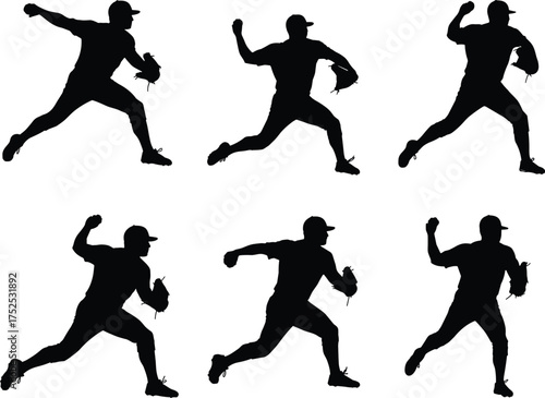 Baseball pitcher silhouettes, pitching motion sequence, wind-up to release, sports action illustration, athletic movement study, baseball player art, competition performance