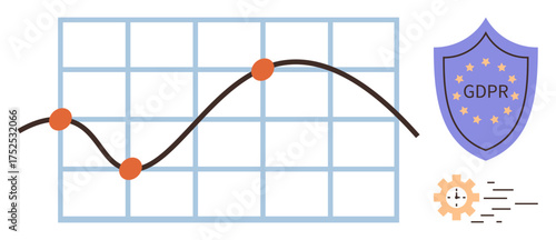 Line graph tracking trends on a grid, GDPR shield representing data protection, and cogwheel for automation. Ideal for analytics, data security, compliance, privacy, efficiency, governance