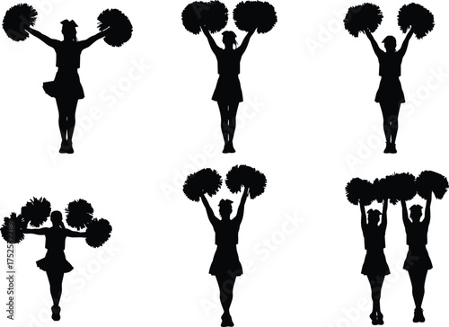 Cheerleader silhouettes with pom-poms, dance performance poses, sports spirit illustration, dynamic movement, athletic cheer routine, energetic choreography, team celebration, performance art