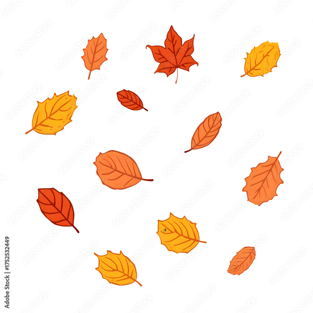 Fototapeta premium Dancing Autumn Leaves: Colorful autumn leaves in various shapes and hues, delicately scattered, capturing the essence of fall season. isolated on transparent background Generative AI.