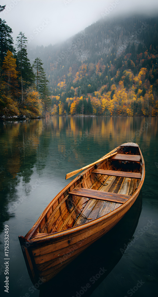 Fototapeta premium Wooden rowboat floating peacefully on calm water.