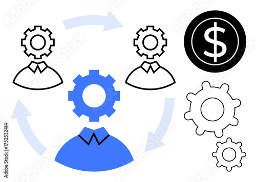 Gear-headed business team with circular workflow arrows, currency icon, and multiple gears. Ideal for teamwork, operation management, finance, process flow, collaboration, strategy simple flat