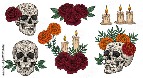 Six elements comprise the sugar skull image skulls marigolds roses candles