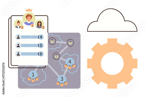 Team leaderboard with rankings, network visualization of user ratings, cloud icon, and gear symbol. Ideal for teamwork, collaboration, organization, business structure, gamification productivity