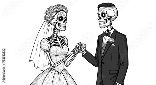 Skeletal couple in wedding attire bride in dress  veil groom in suit  bow tie holding hands
