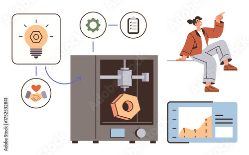 3D printer creating geometric object, connected to gears, checklist, lightbulb, and handshake icons. Person observing and graph display. Ideal for technology, innovation, teamwork creativity