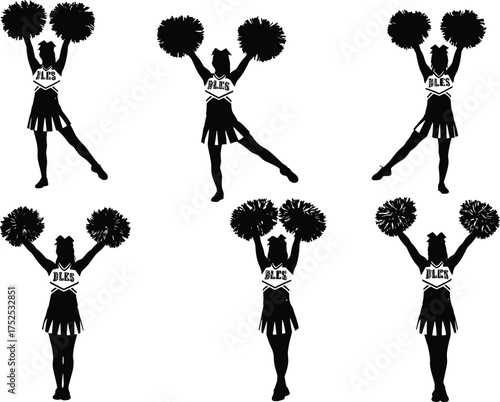 Cheerleader silhouettes with pom-poms, ULS uniform dance poses, sports spirit routine, dynamic movement illustration, energetic choreography, athletic cheer squad, team celebration performance