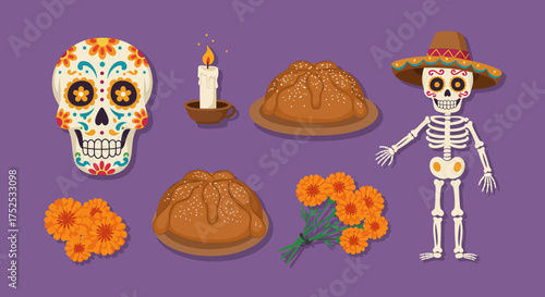 Skull skeleton bread marigolds and a candle on a purple background