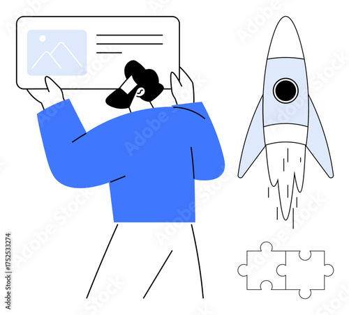 Man holding digital board with image, rocket launching upward, and puzzle pieces on the side. Ideal for teamwork, strategy, innovation, vision, problem-solving, productivity and growth concepts
