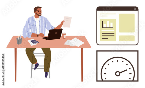 Man holding document at desk with laptop, papers, and coffee. Dashboard view shows charts and speedometer. Ideal for business, analysis, productivity, multitasking, efficiency reporting simple flat