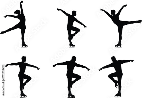 Figure skater silhouettes, ice skating poses and balances, winter sports illustration, graceful movement, athletic artistry, choreography study, performance art design