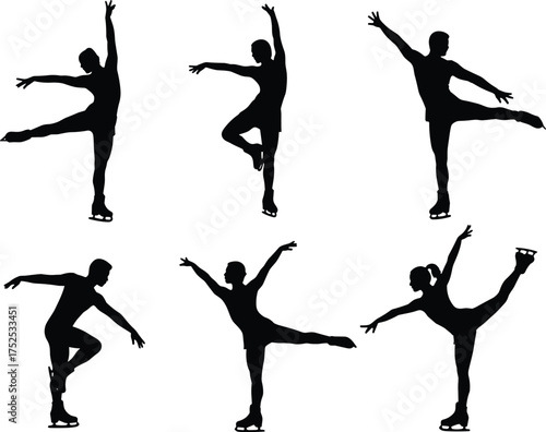 Figure skater silhouettes, ice skating poses and balances, winter sports illustration, graceful movement, athletic artistry, choreography study, performance art design