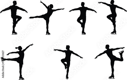 Figure skater silhouettes, ice skating poses and spins, winter sports illustration, graceful movement, athletic balance, artistic choreography, performance art design