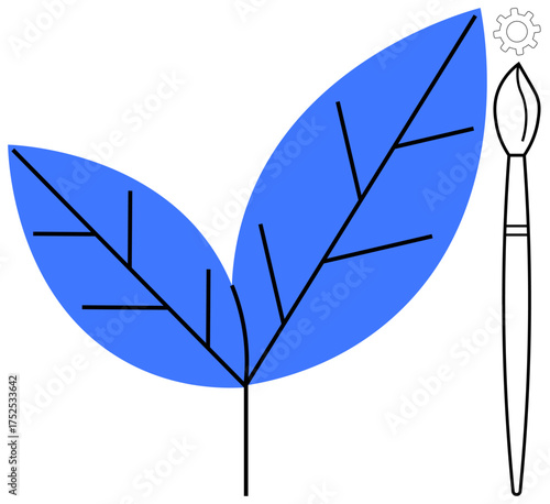 Two stylized blue leaves with linear veins beside a minimal paintbrush. Ideal for creativity, eco-design, art, sustainability, innovation, modern design, and environmental themes. Simple flat
