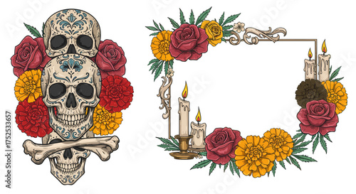 Sugar skull totem beside a rectangle candle wreath with roses and marigolds for Day of the Dead