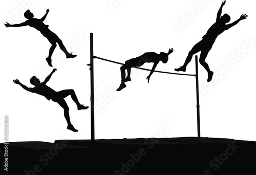 High jump silhouettes, track and field sequence, approach takeoff clearance landing, athletics illustration, sports motion study, competition performance art, dynamic movement design