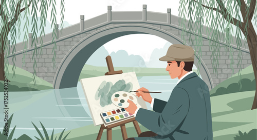 Painter capturing the scenic landscape by a serene river with a stone bridge