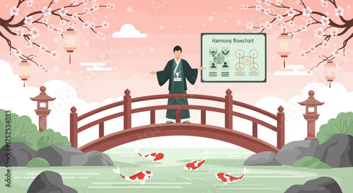 Japanese garden meeting illustration with cherry blossom, bridge, and harmony flowchart