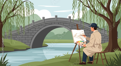 Artist by the serene riverside captures bridge's timeless elegance in painting