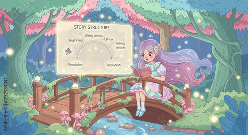Storytelling structure illustration, with a girl reading in a magical forest on bridge