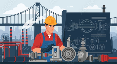 Industrial engineer inspecting machinery blueprints against a cityscape backdrop