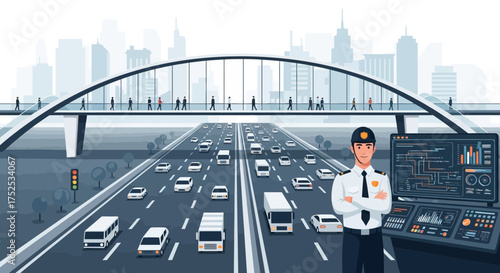 Traffic Management Center Monitoring Highway Congestion and Pedestrian Bridge Use