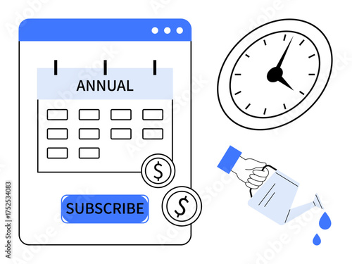 Annual calendar with subscription button, coins, clock symbolizing time management, and watering hand representing investment. Ideal for planning, savings, budgeting, strategy, growth reminders